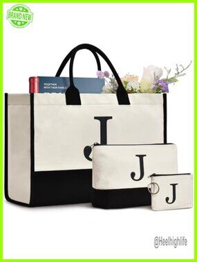 Initial Canvas Tote Bag with Matching Makeup Bag and Coin Purse
